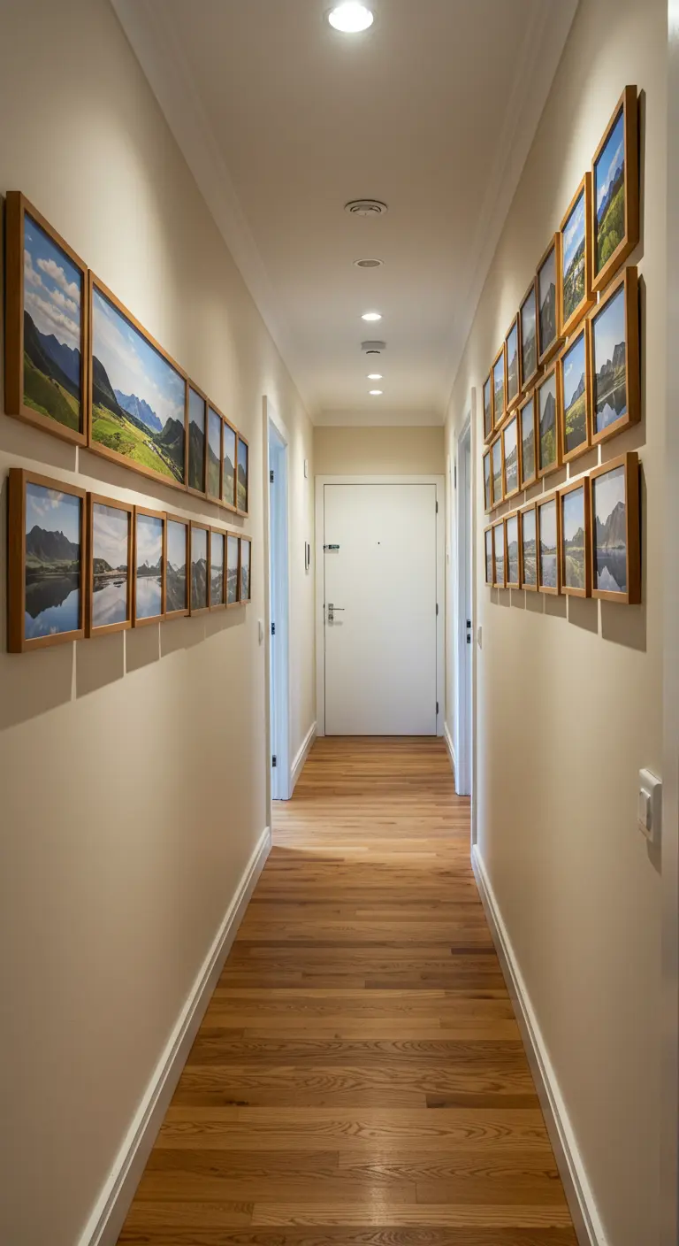 A long hallway lined with two rows of landscape photography in wood frames.