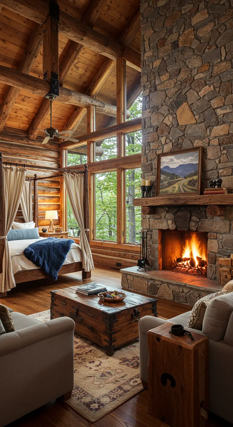 Spacious cabin bedroom suite with a four-poster bed and a separate seating area.