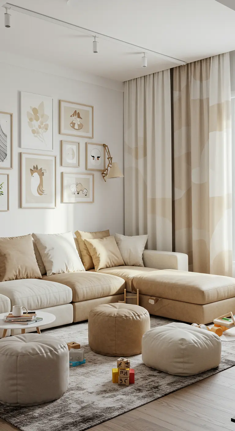 A neutral, family-friendly living room with a gallery wall and soft poufs.