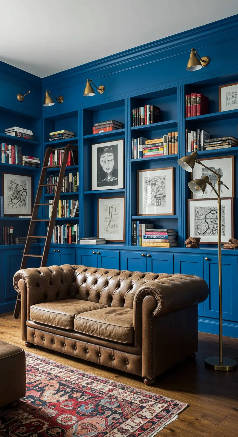 A home library with floor-to-ceiling blue bookshelves and a brown leather Chesterfield sofa.