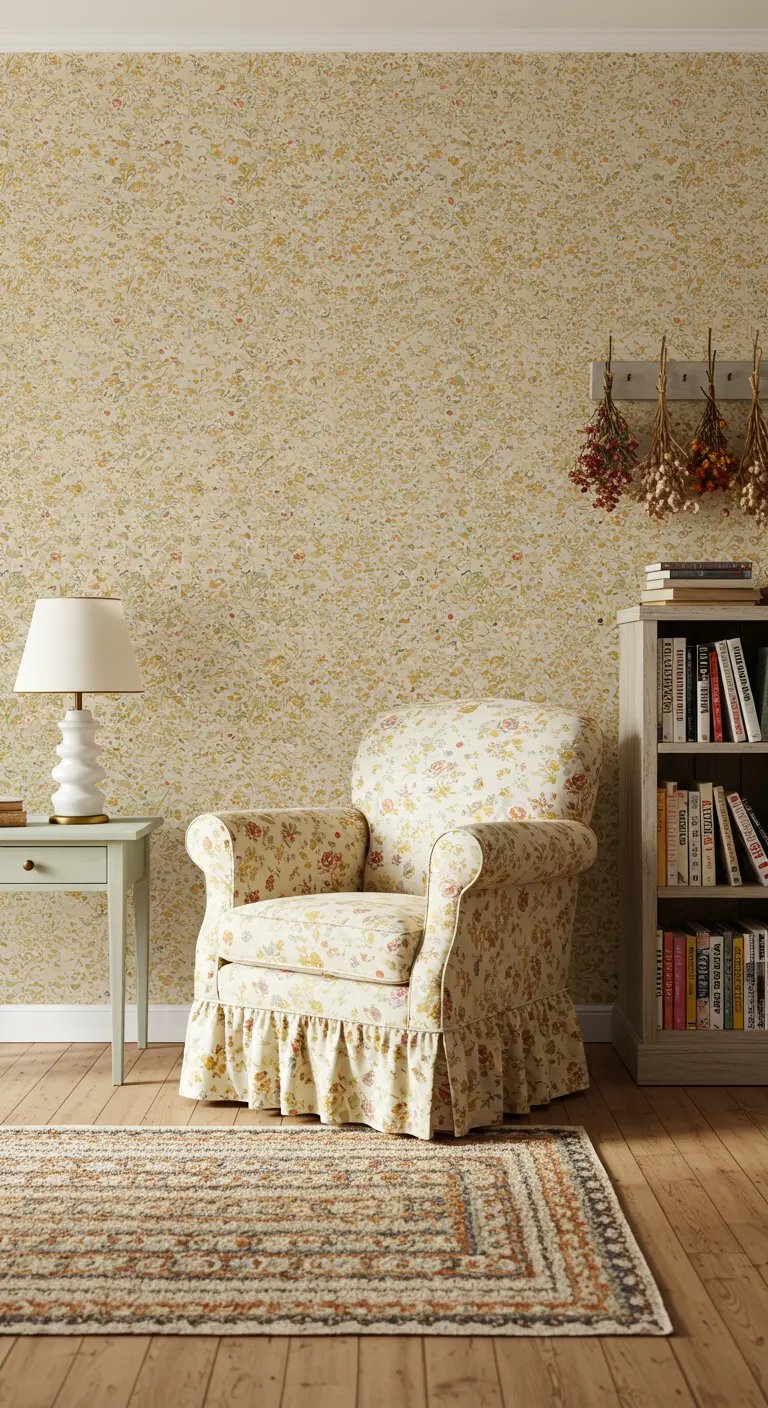 Cozy reading nook with a floral armchair that matches the floral wallpaper behind it.