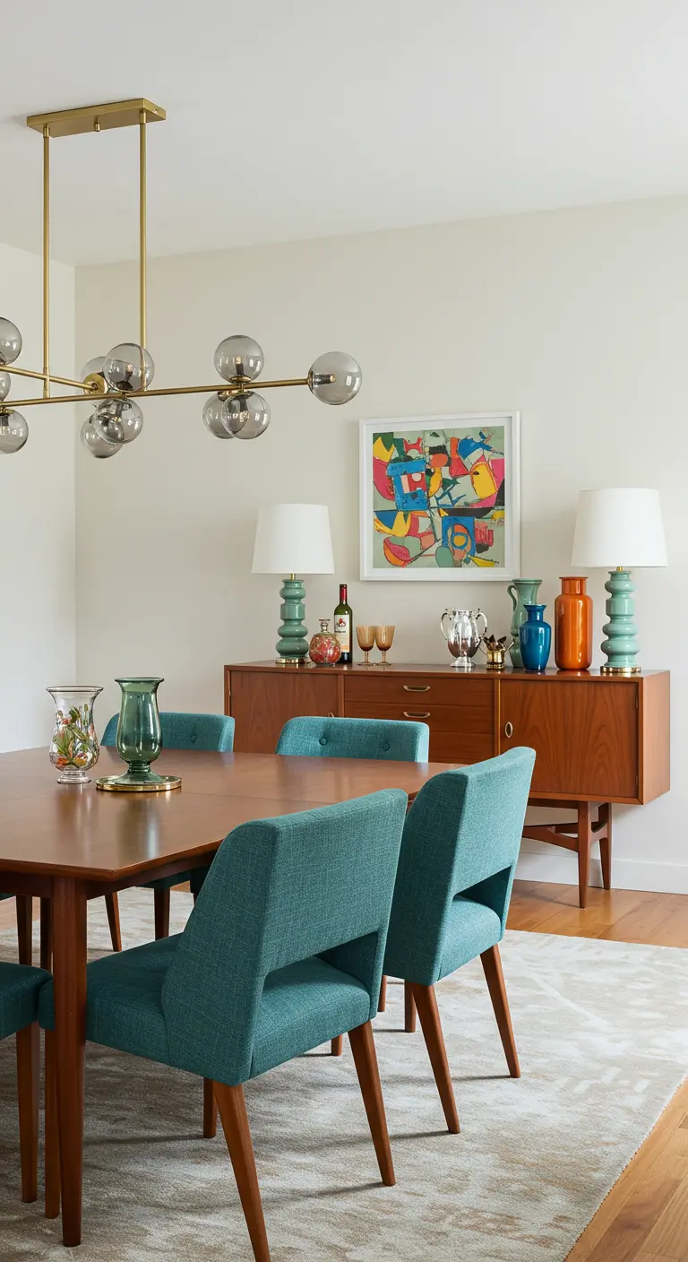 Mid-century dining room with teal chairs, a walnut table, and a multi-globe chandelier.