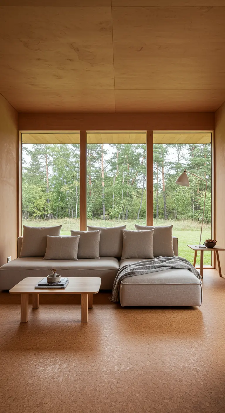 A minimalist living room where the walls, ceiling, and floor are all covered in light wood panels.