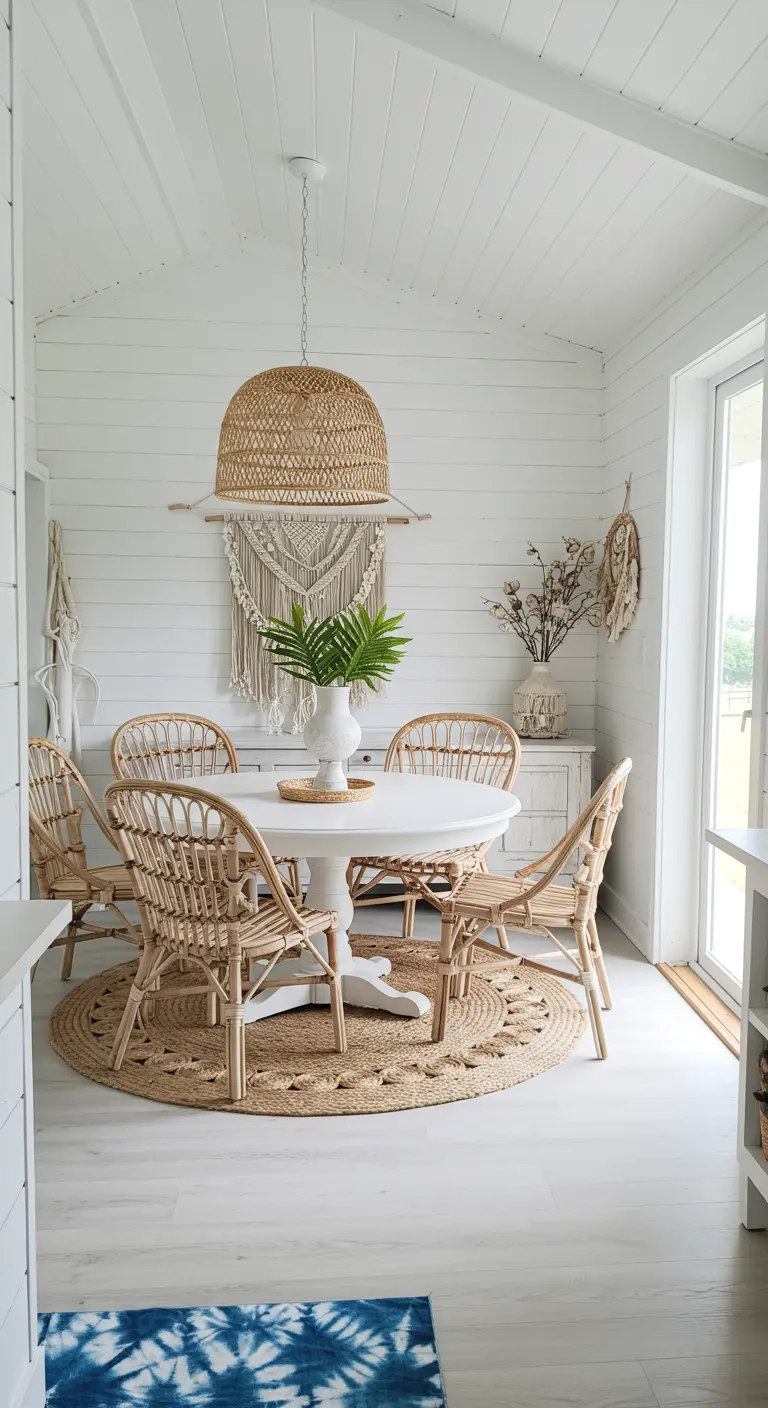 All-white dining nook with rattan chairs, a woven dome pendant, and a round jute rug.