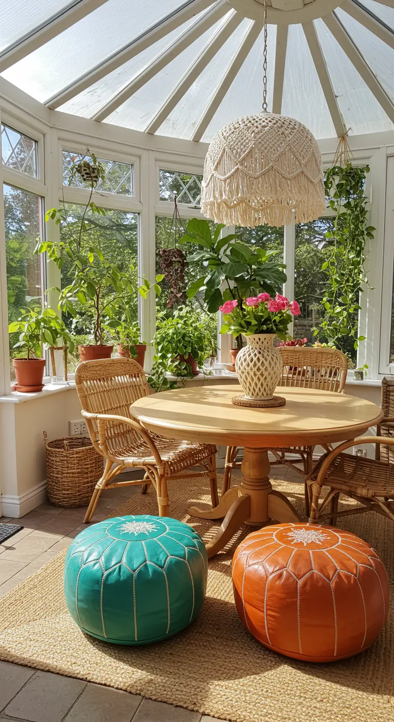 Bright sunroom with rattan chairs, a macrame pendant, and two colorful Moroccan poufs.
