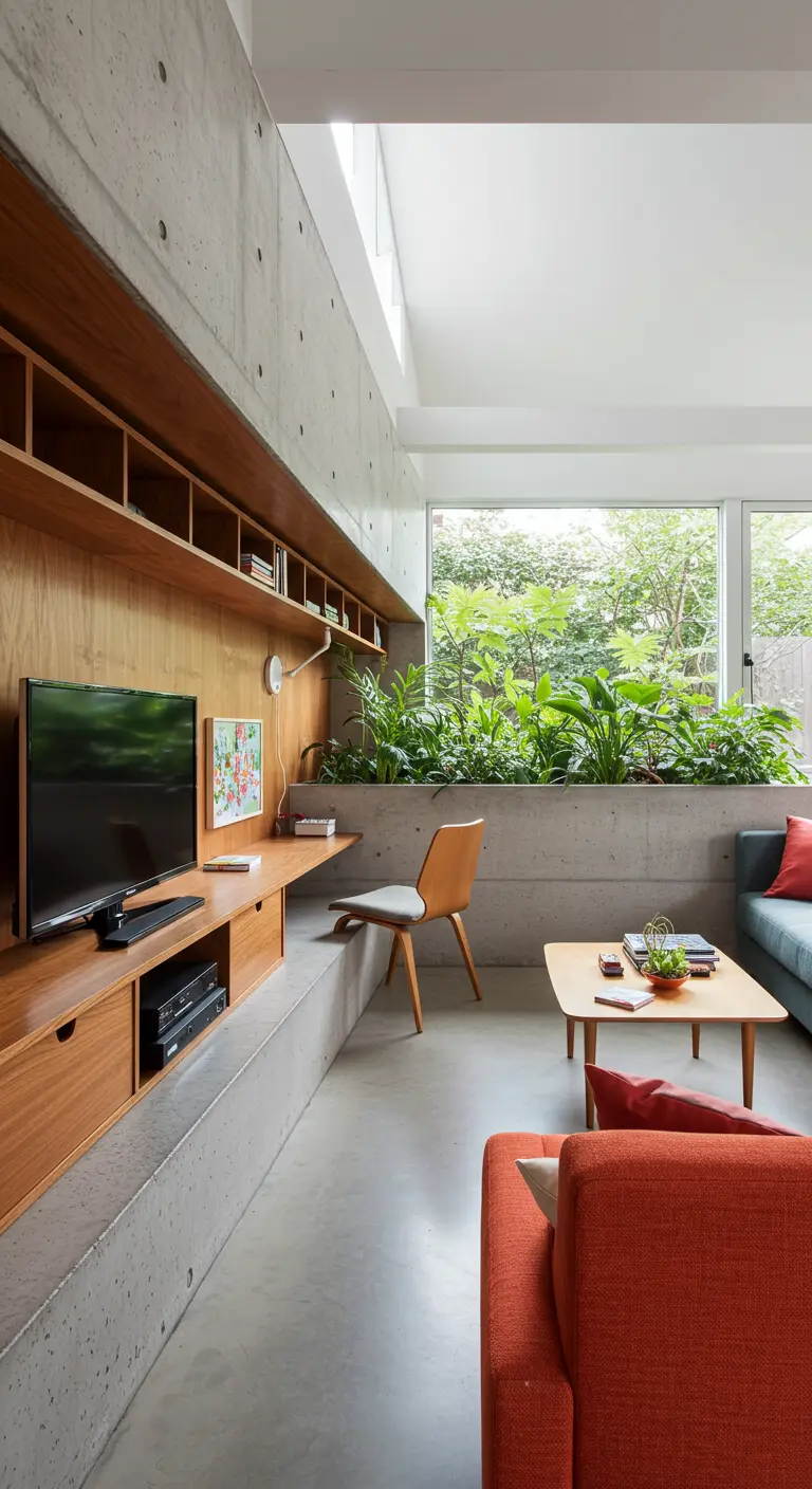 A long built-in wood and concrete shelf serving as a media unit and desk.