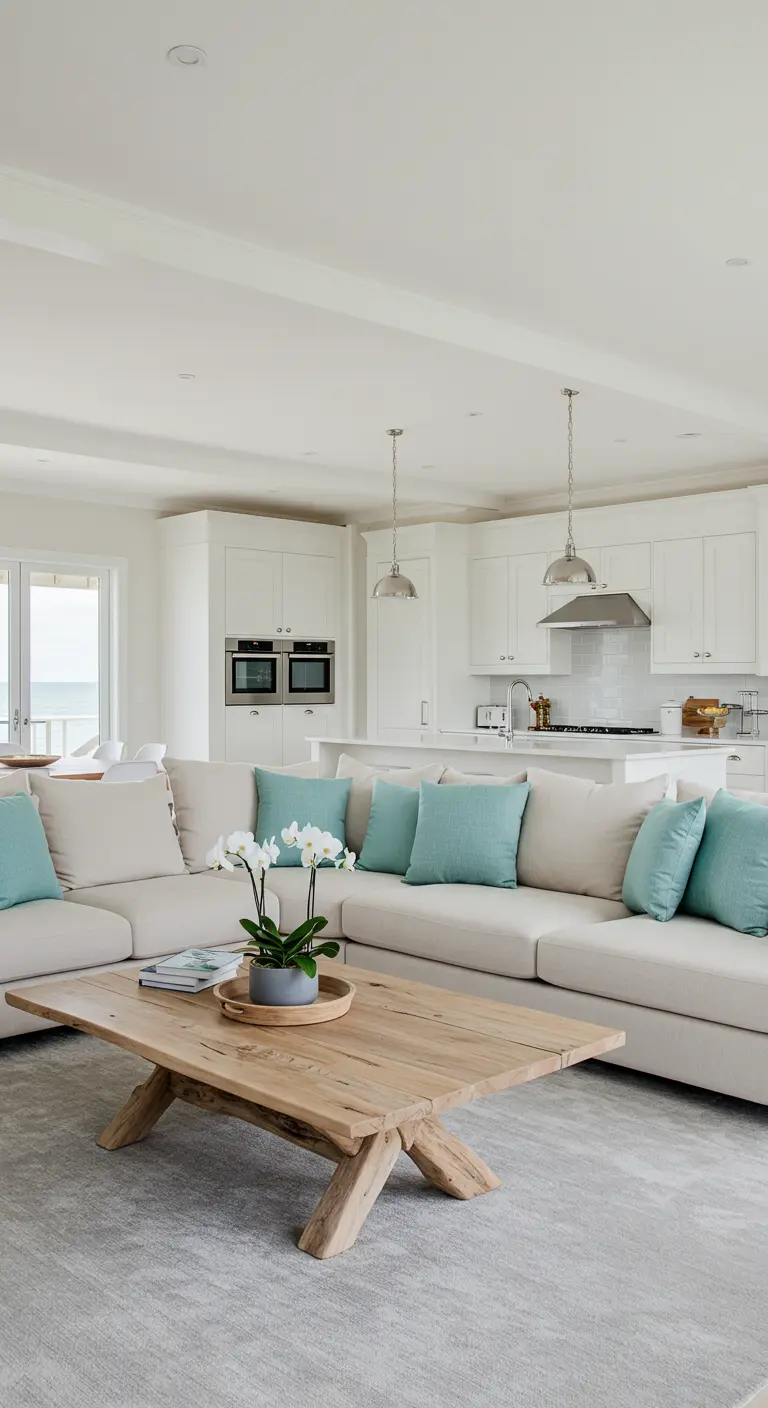 An open-plan living room and kitchen with a large sectional sofa and a reclaimed wood table.