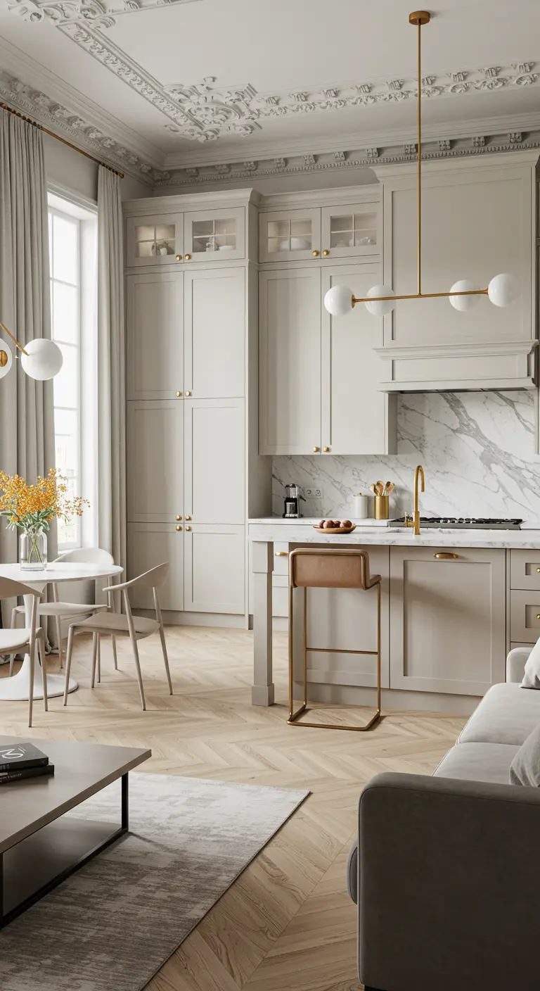 Neoclassical kitchen with beige shaker cabinets, marble backsplash, and modern brass fixtures.