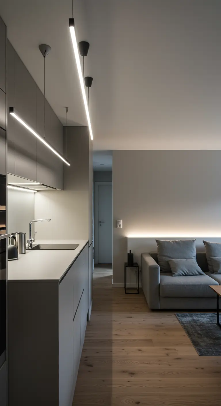 An open-plan kitchen and living area unified by multiple sleek, linear LED light fixtures.