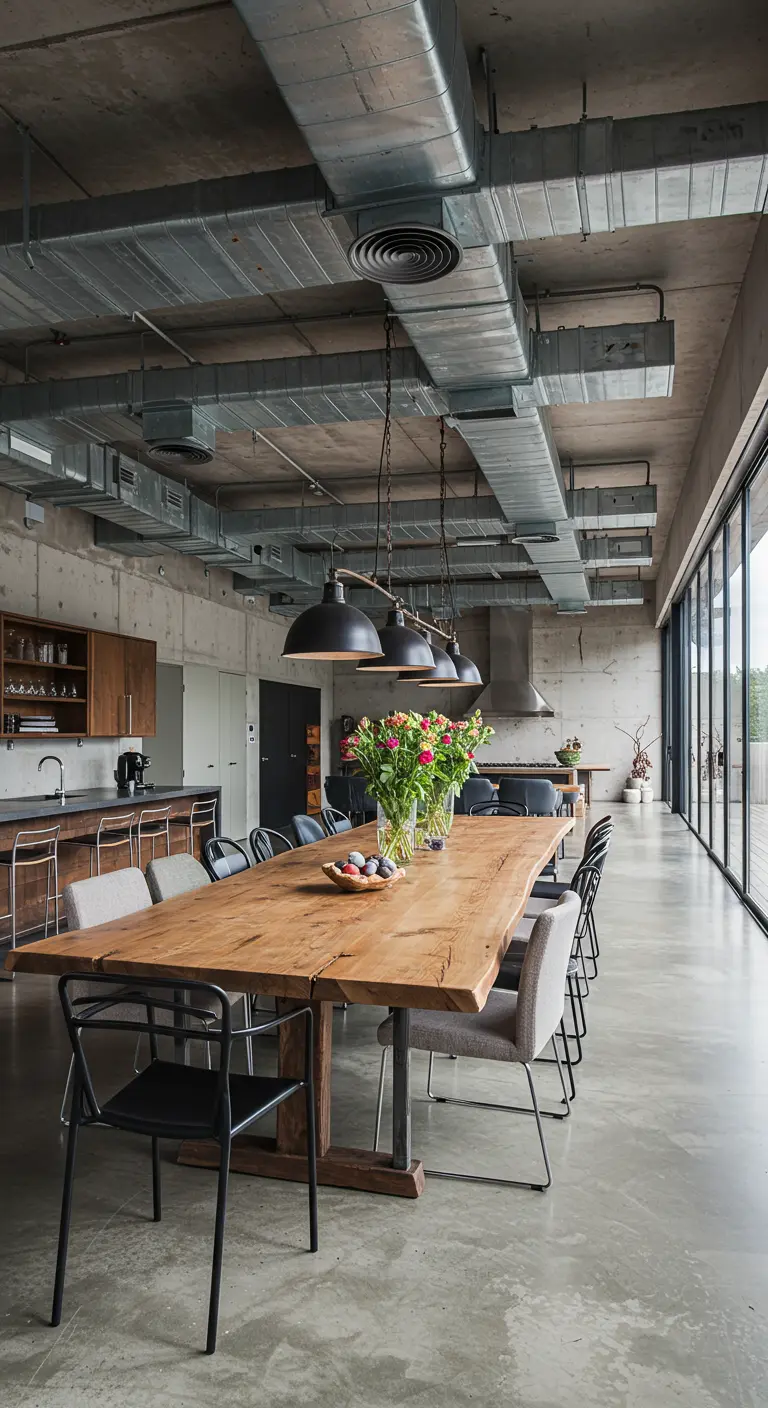 Spacious industrial dining area with a long wooden table and multiple black pendant lights.