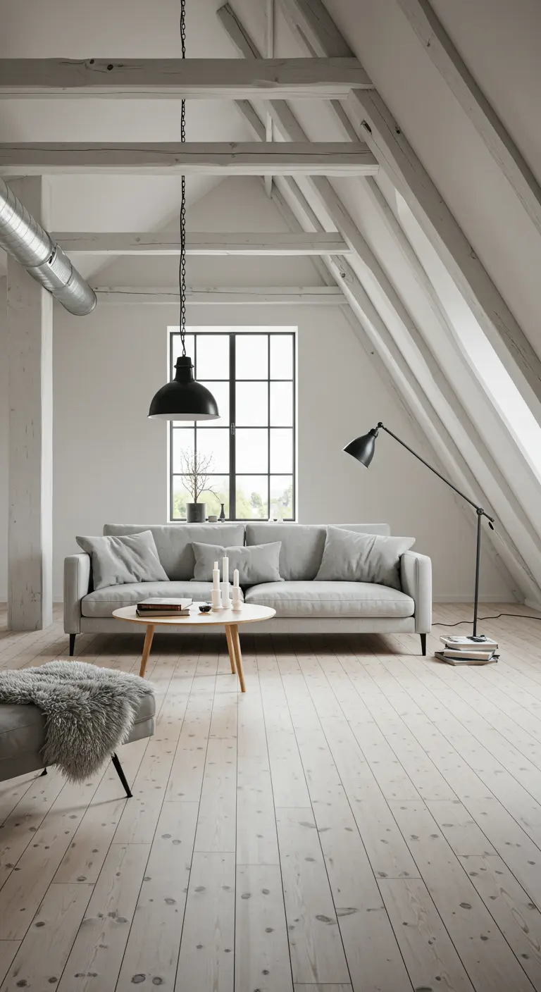 An airy attic loft with whitewashed wood floors and ceiling, and a light grey sofa.
