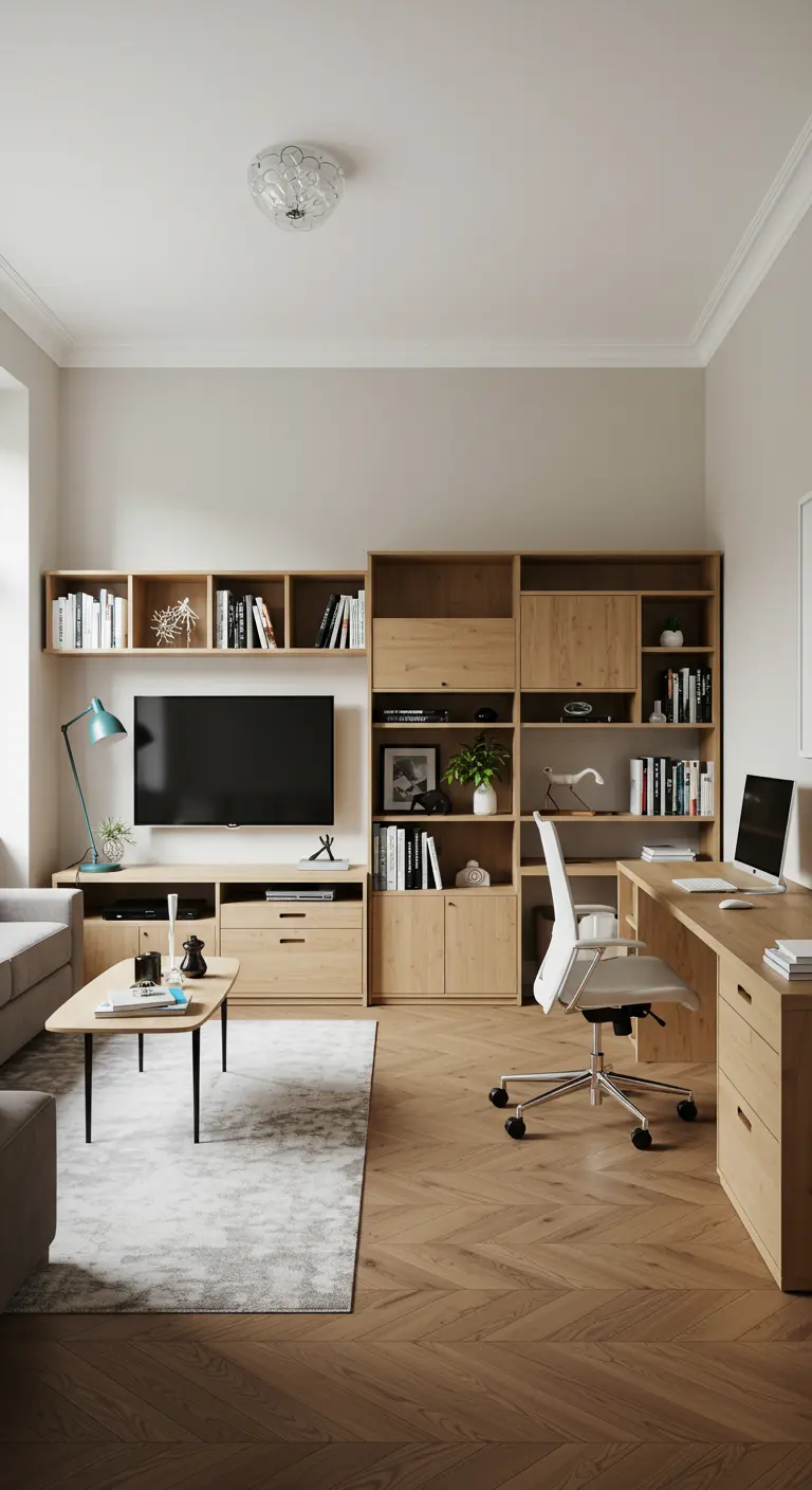 A large wooden wall unit combines a desk, TV console, and bookshelves in one.