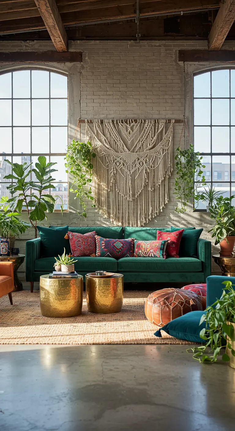 Industrial loft with exposed brick, an emerald sofa, and a large macramé wall hanging.