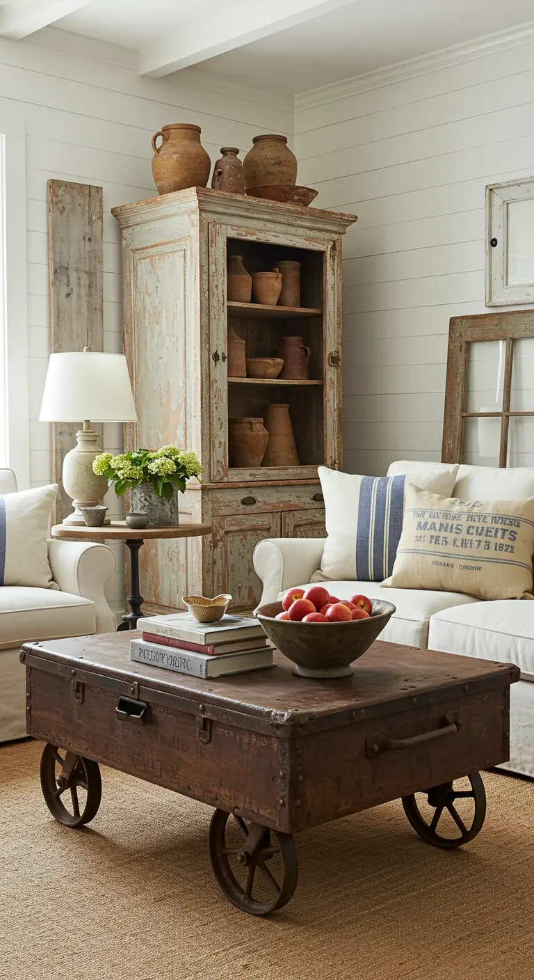 A dining area behind a sofa featuring a trestle table and benches with striped cushions.