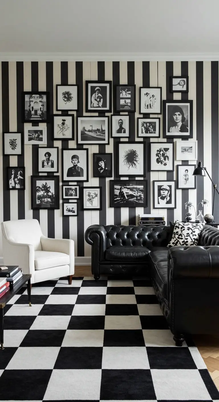 Eclectic living room with a striped accent wall, a dense gallery wall, and a checkerboard rug.