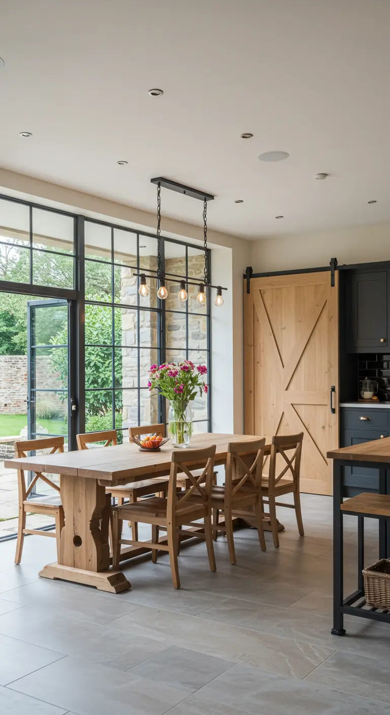 Open-plan dining area with a wood table adjacent to a kitchen with a matching wood barn door.