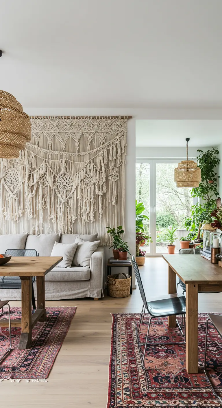 Open-plan space with a large macrame wall hanging connecting living and dining areas.