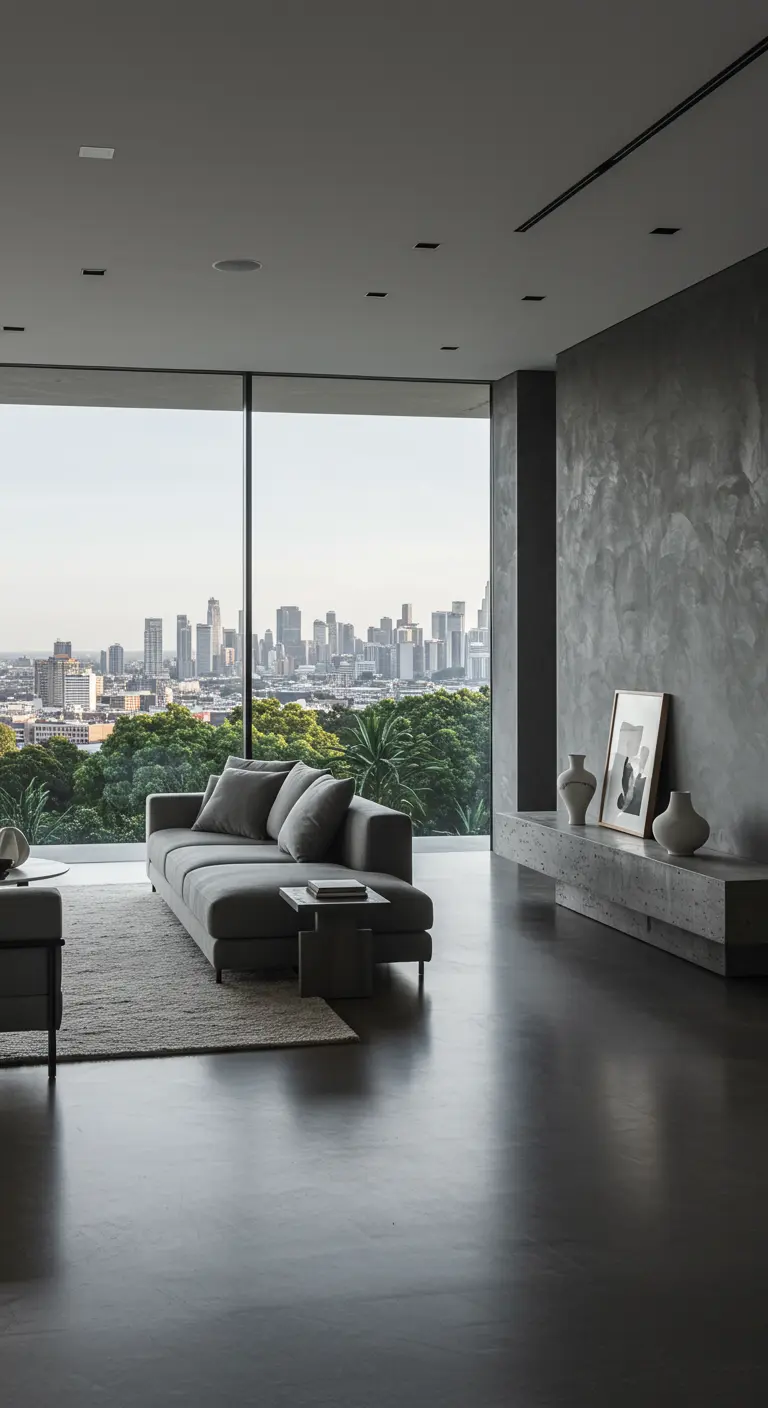 Living room with grey plaster walls, a concrete console, and a large window with a city view.