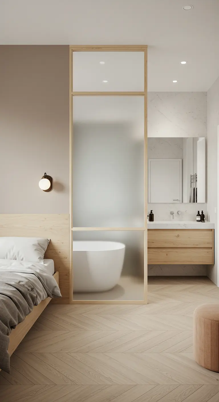 Bedroom connected to an ensuite bathroom via a glass partition.