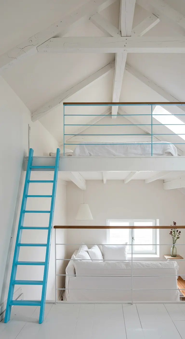 White loft space with a bright blue ladder and matching safety railings.