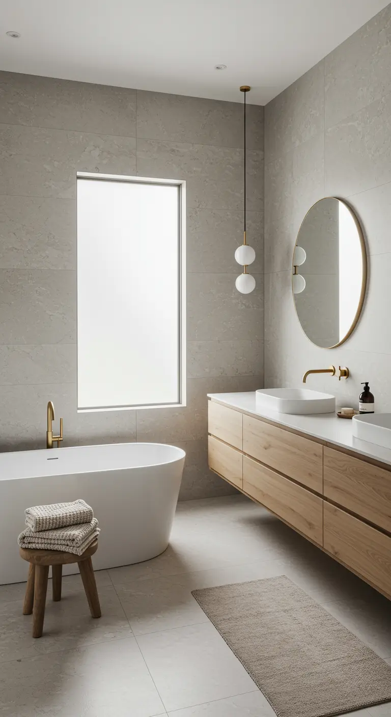 Light-filled bathroom with large grey tiles and a floating wood vanity.