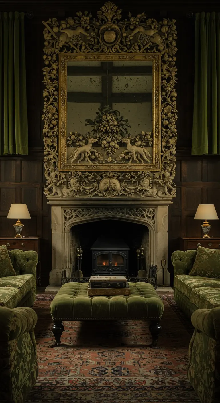 An incredibly ornate stone fireplace where the mantel and mirror frame are one unified piece.