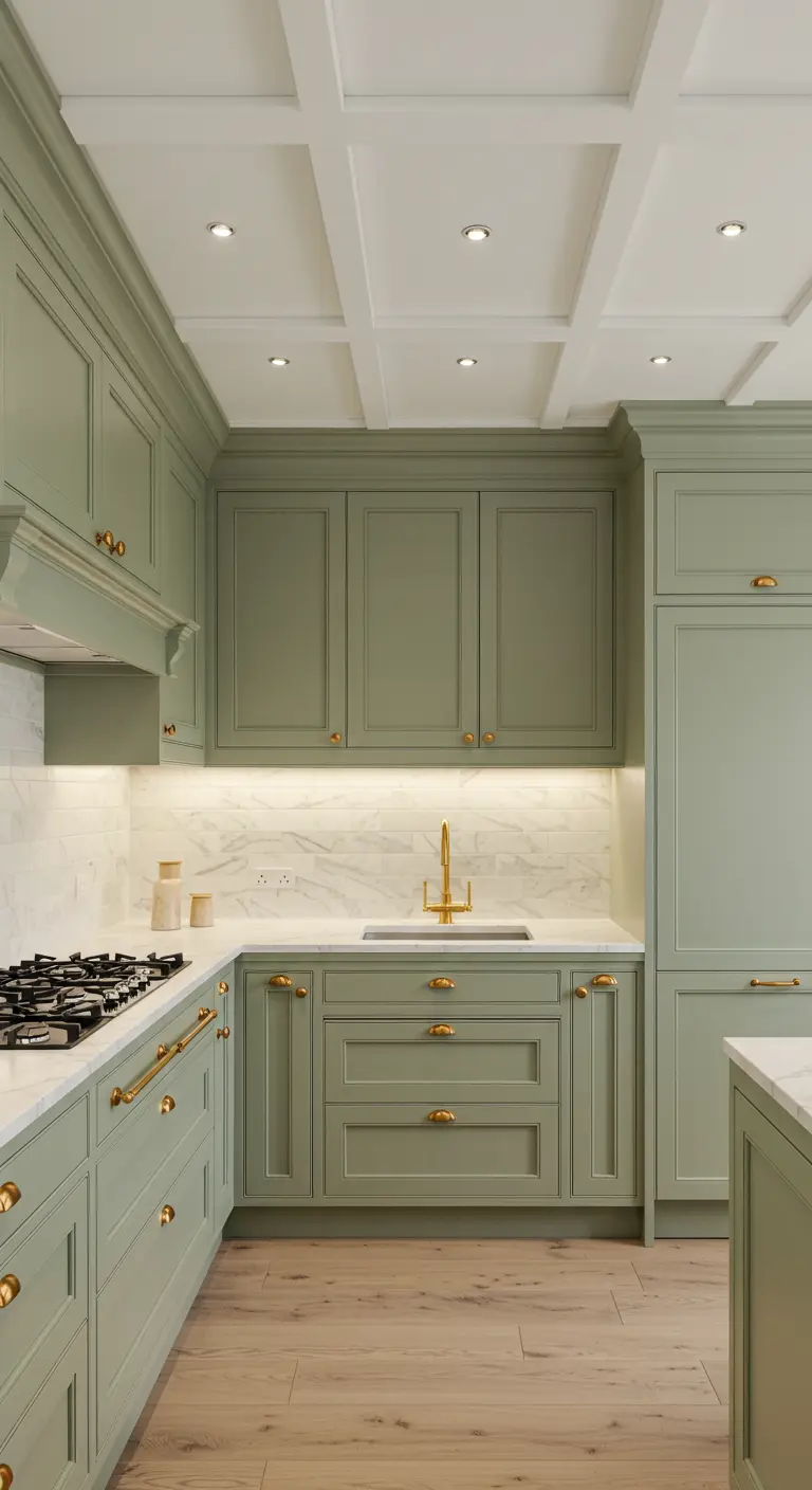 Calm sage green kitchen with a coffered ceiling and brass hardware.
