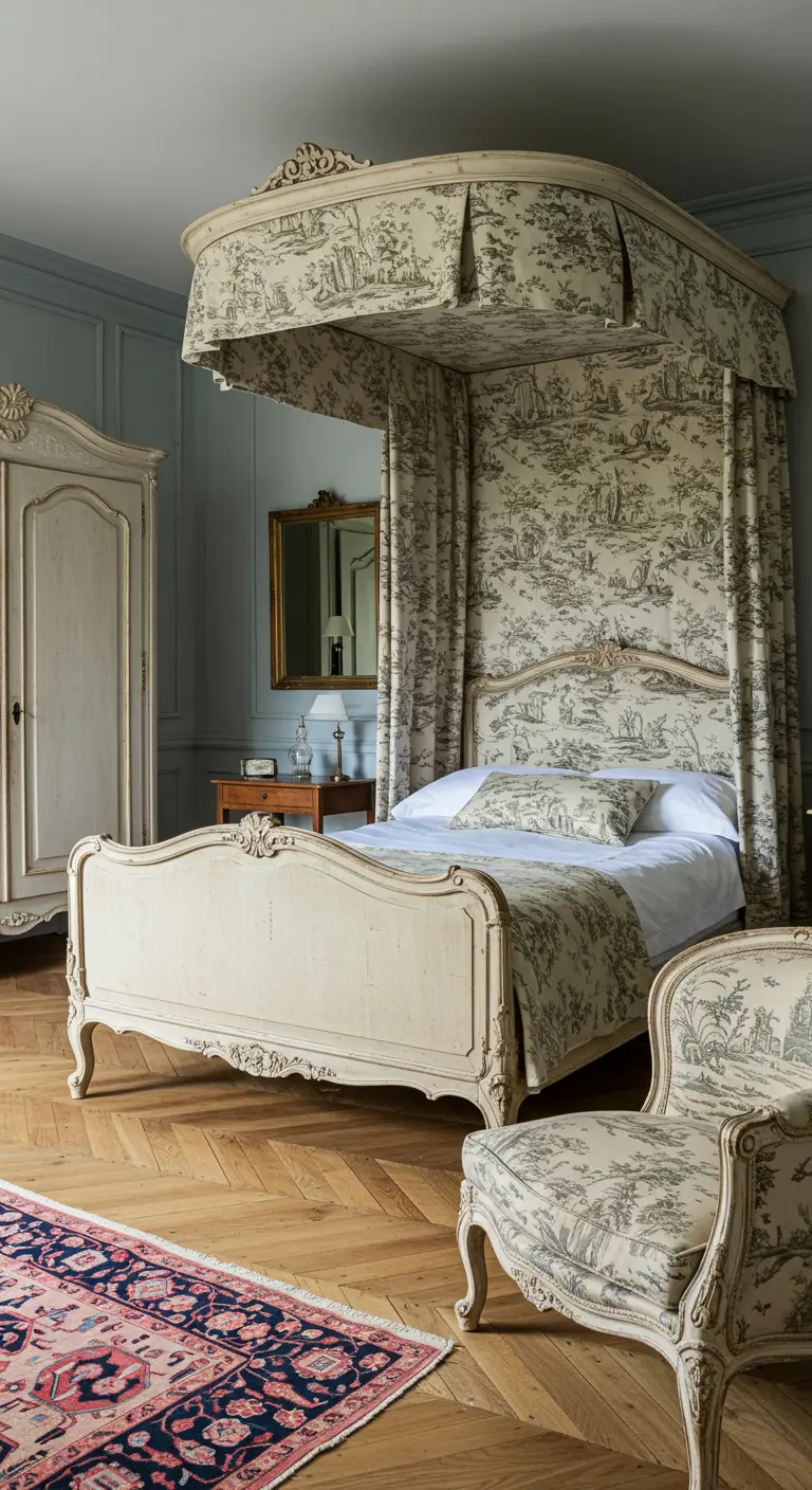 French country bedroom with a bed, canopy, and chair all upholstered in the same toile fabric.