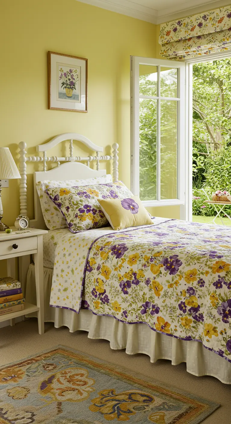 Yellow bedroom with a white spindle bed and matching yellow and purple floral bedding.
