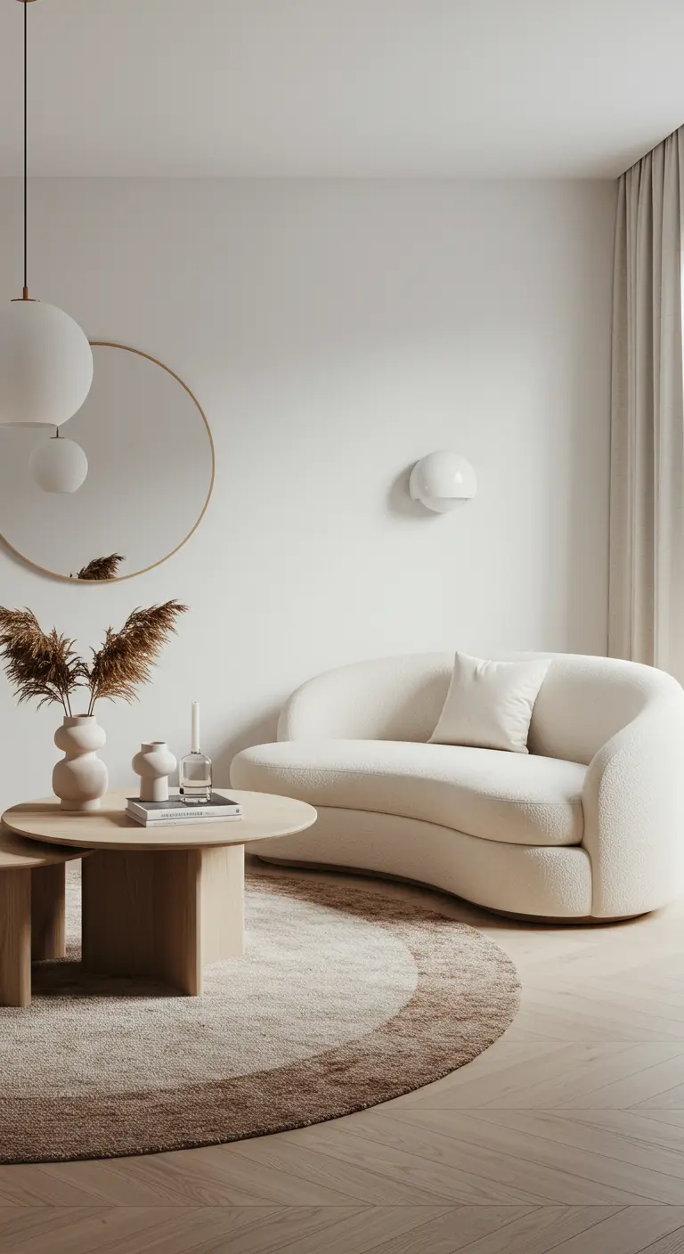 A curved white sofa, a large round mirror, and a circular rug create a harmonious space.