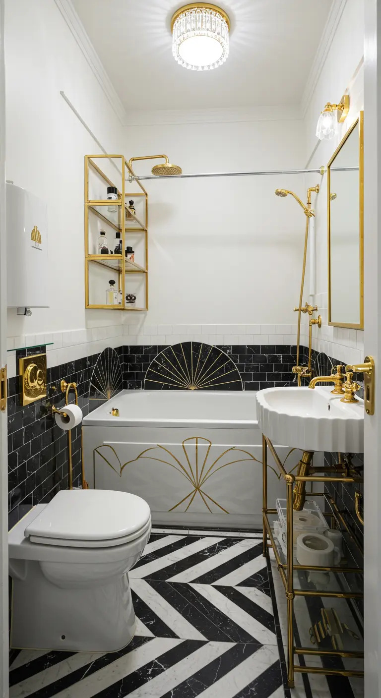 Art Deco bathroom with black and white graphic floor and gold sunburst details.