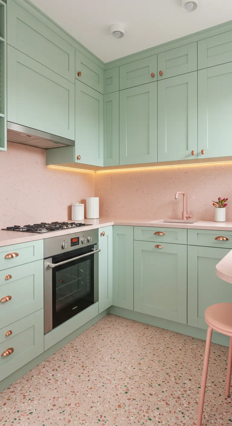 Mint and pink kitchen featuring a matching terrazzo floor and backsplash.