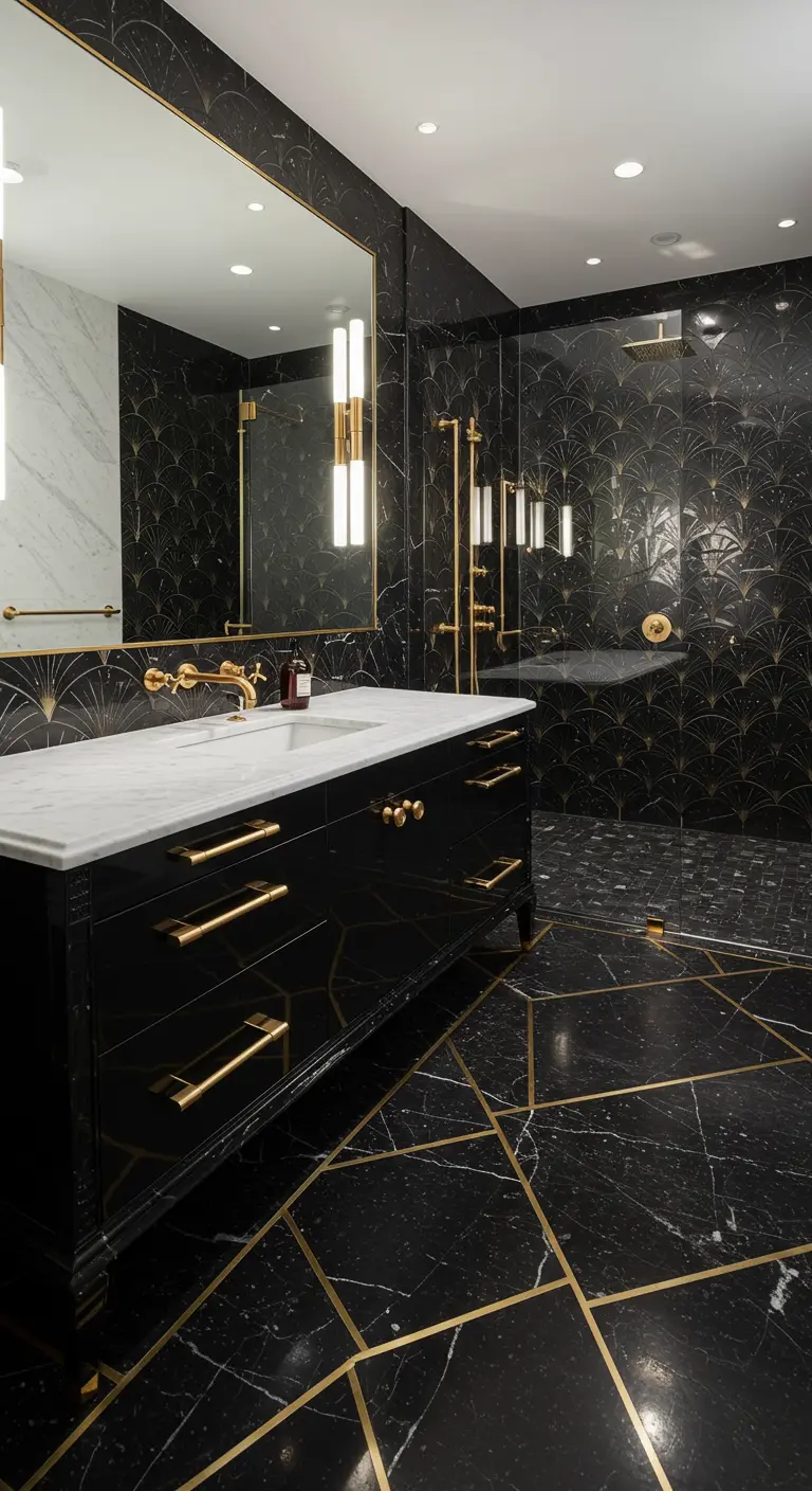Black bathroom with fan-patterned tile walls and black marble floors with gold inlays.