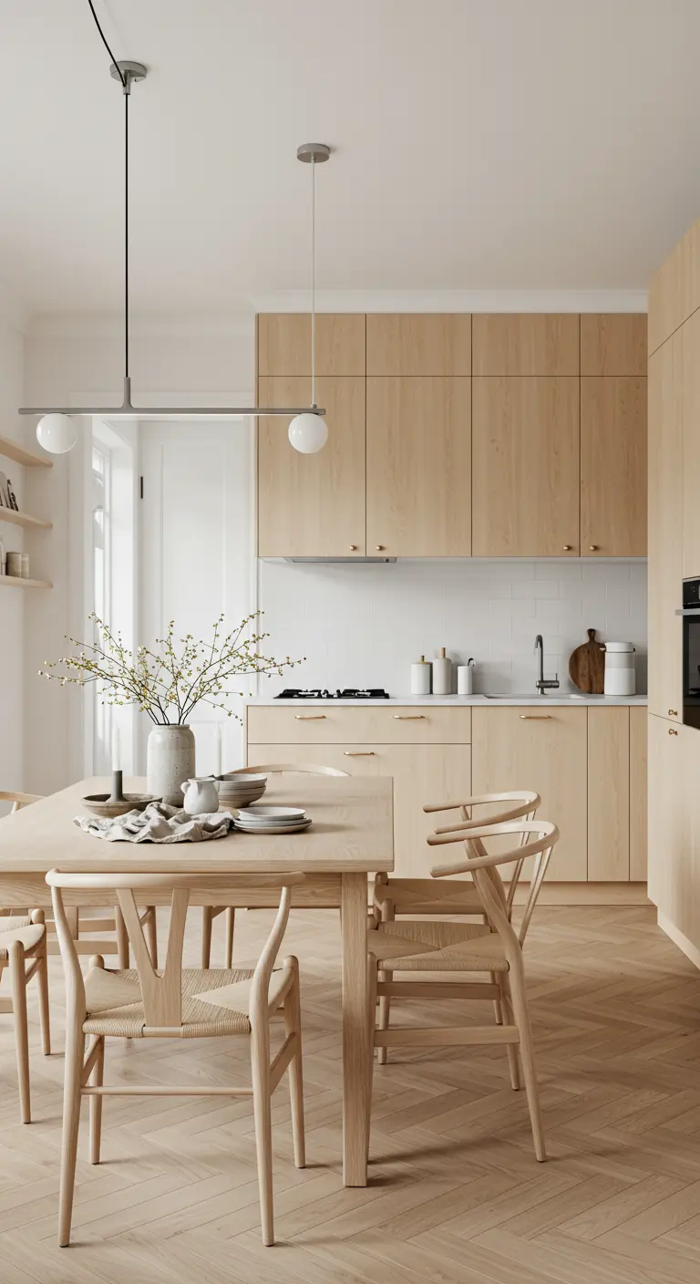 Scandinavian kitchen with light oak cabinets, a matching dining table, and wishbone chairs.