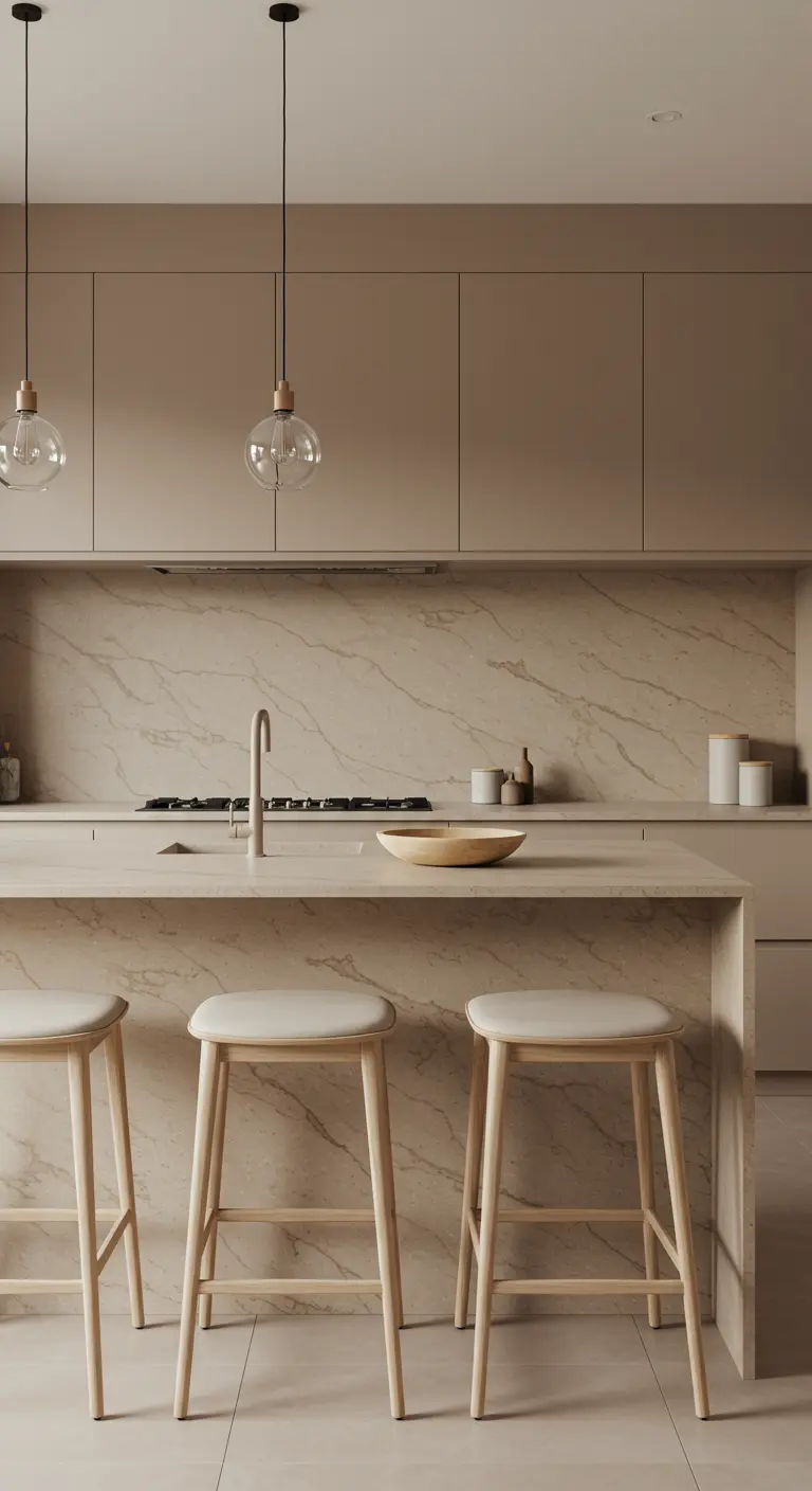 A modern kitchen with neutral cabinets, a marble countertop and backsplash, and light wood stools.