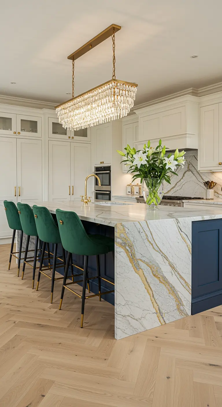 White kitchen with a navy island, emerald velvet stools, and a large crystal and brass chandelier.