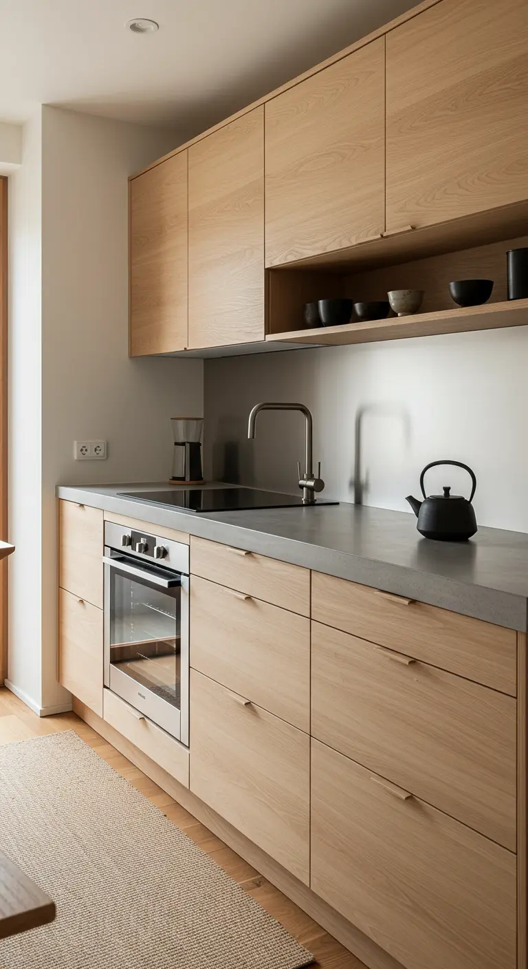 A minimalist kitchen with light oak cabinets, integrated handles, and a gray countertop.