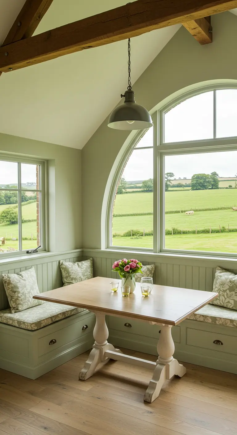A farmhouse breakfast nook painted soft sage green, with an arched window overlooking fields.