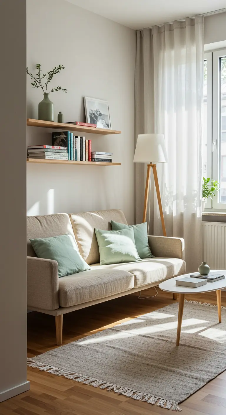 Serene living room with a beige sofa, light green pillows, and wood accents.