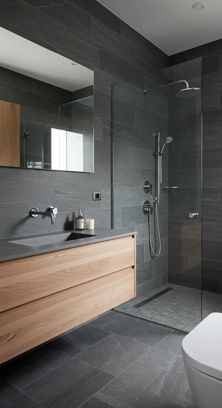 Bathroom with dark gray stone walls and a matching gray vanity countertop.
