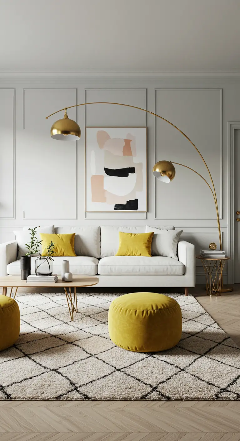White sofa with mustard pillows, a brass arc floor lamp, and a mustard pouf.