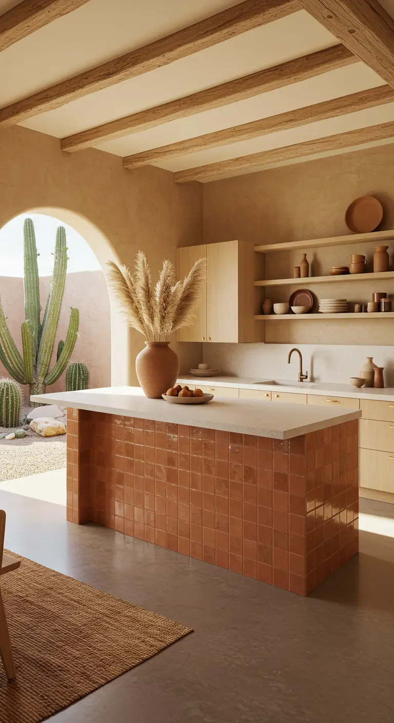 A minimalist desert kitchen with a terracotta tiled island and an arched view to a cactus garden.
