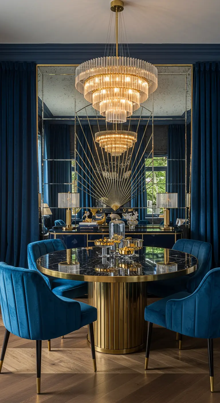 Art Deco dining room with blue velvet chairs and a gold sunburst mirror.