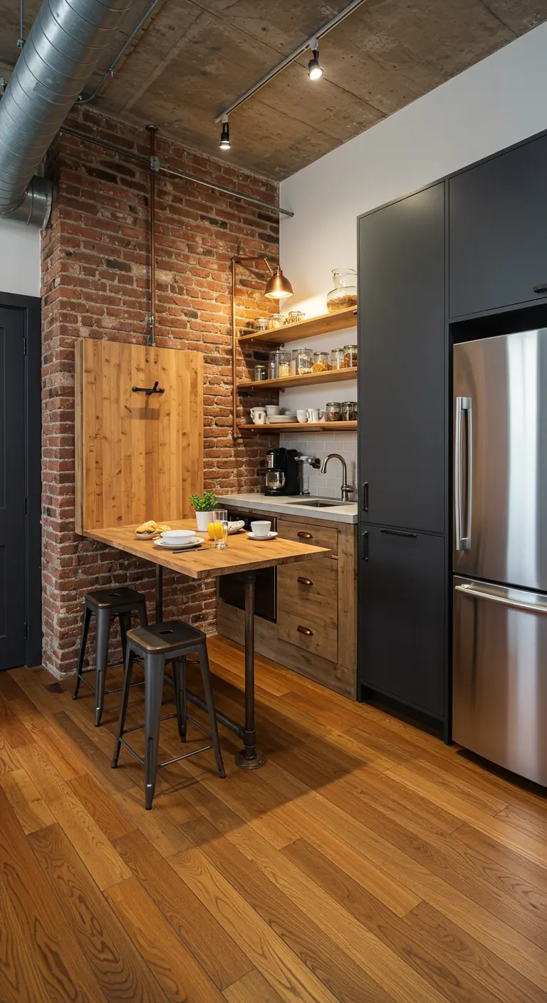 Industrial loft kitchen with a brick wall and a wooden fold-down table.