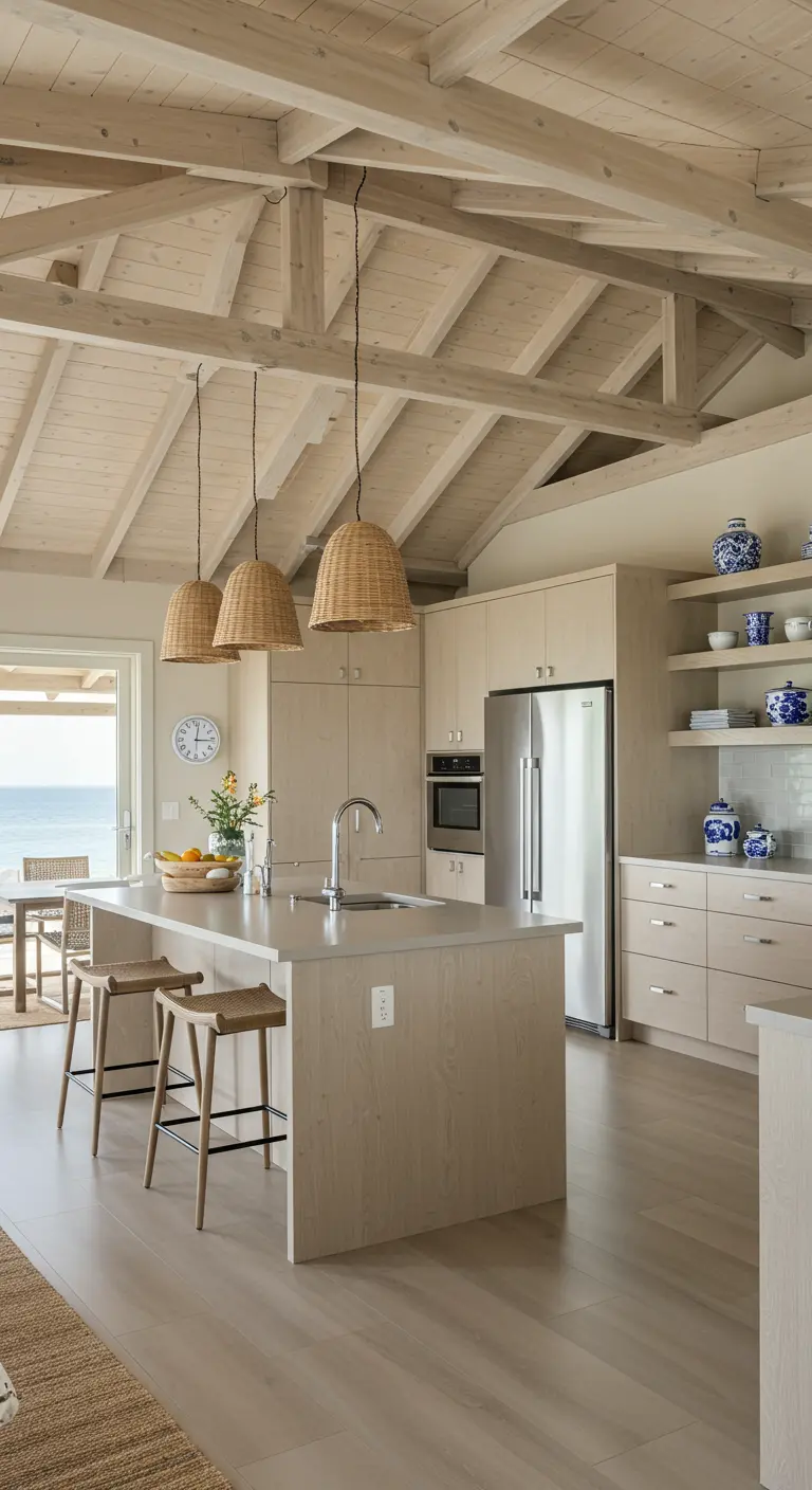 Three woven pendants over a kitchen island, matching the light wood vaulted ceiling.