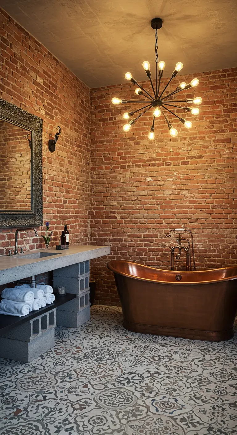 A bathroom with brick walls, a copper tub, and a bold black-and-white patterned tile floor.
