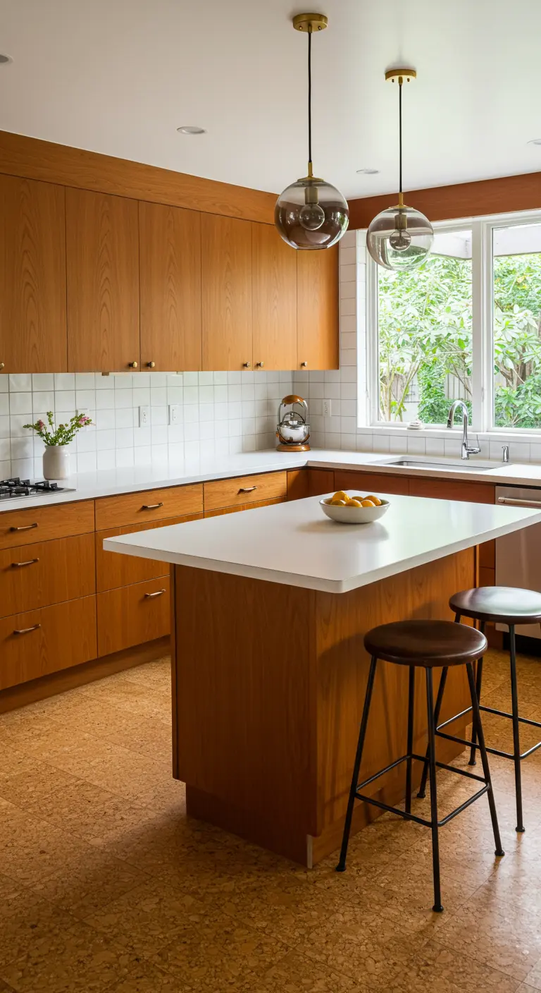 Teak kitchen with cork flooring and two smoked glass globe pendants over the island.