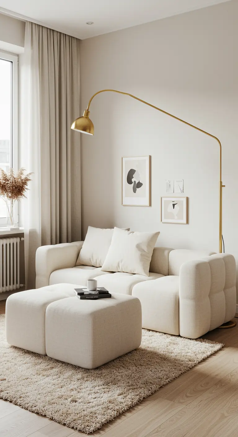 Cream modular sofa with two ottomans and a brass arc lamp in a bright living room.