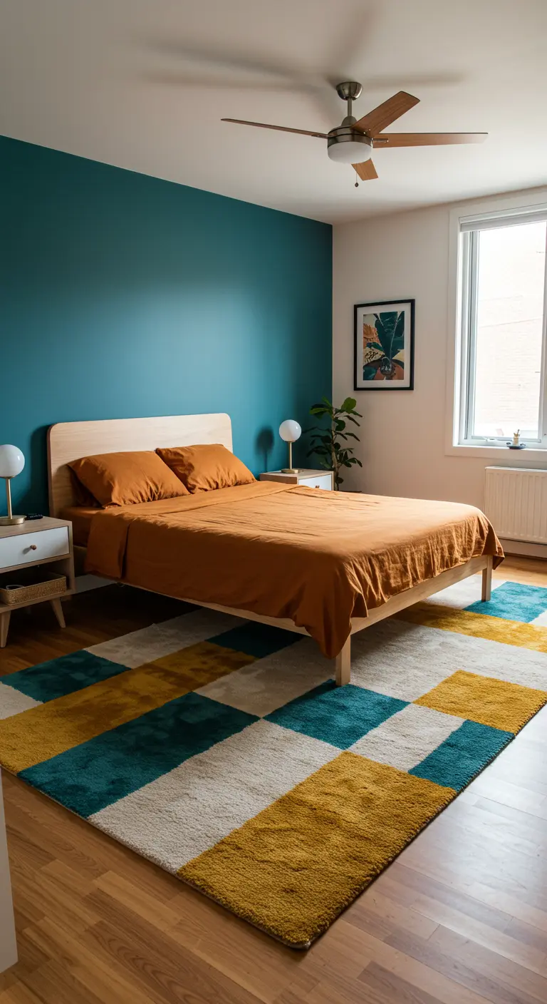 Bedroom with a teal accent wall, terracotta bedding, and a large color-blocked rug.