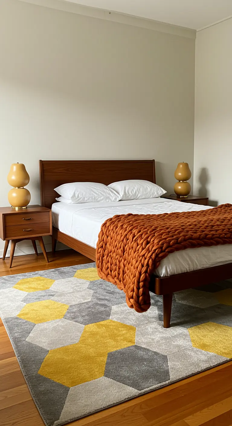 Mid-century modern bedroom with a walnut bed, hexagonal rug, and a rust-colored throw.